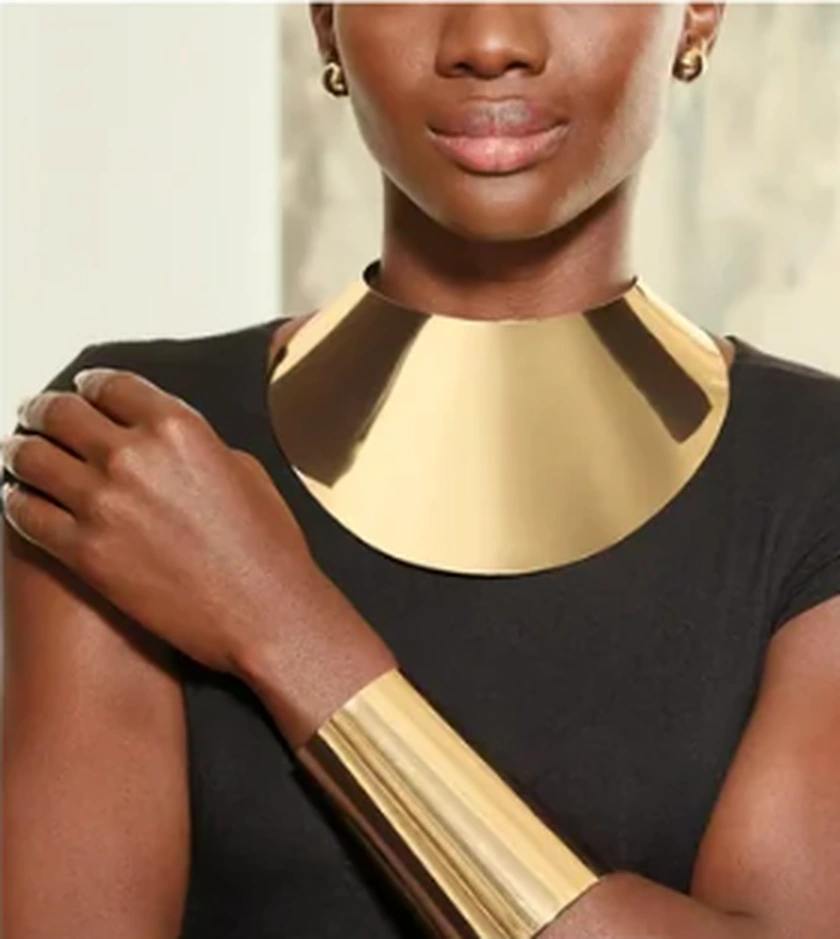 Gold collar necklace and cuff styling