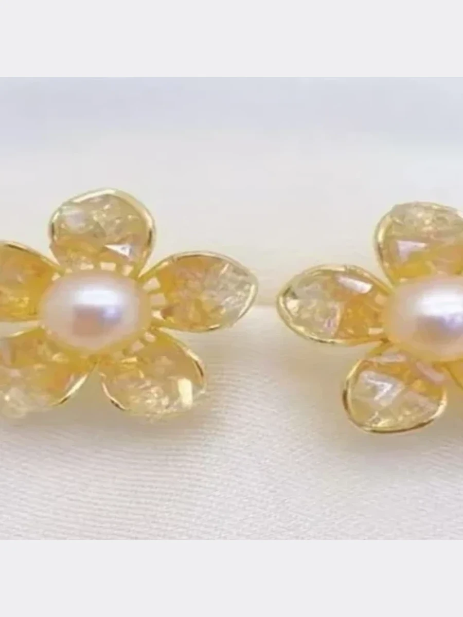 Gold Flower Pearl Stud Earrings