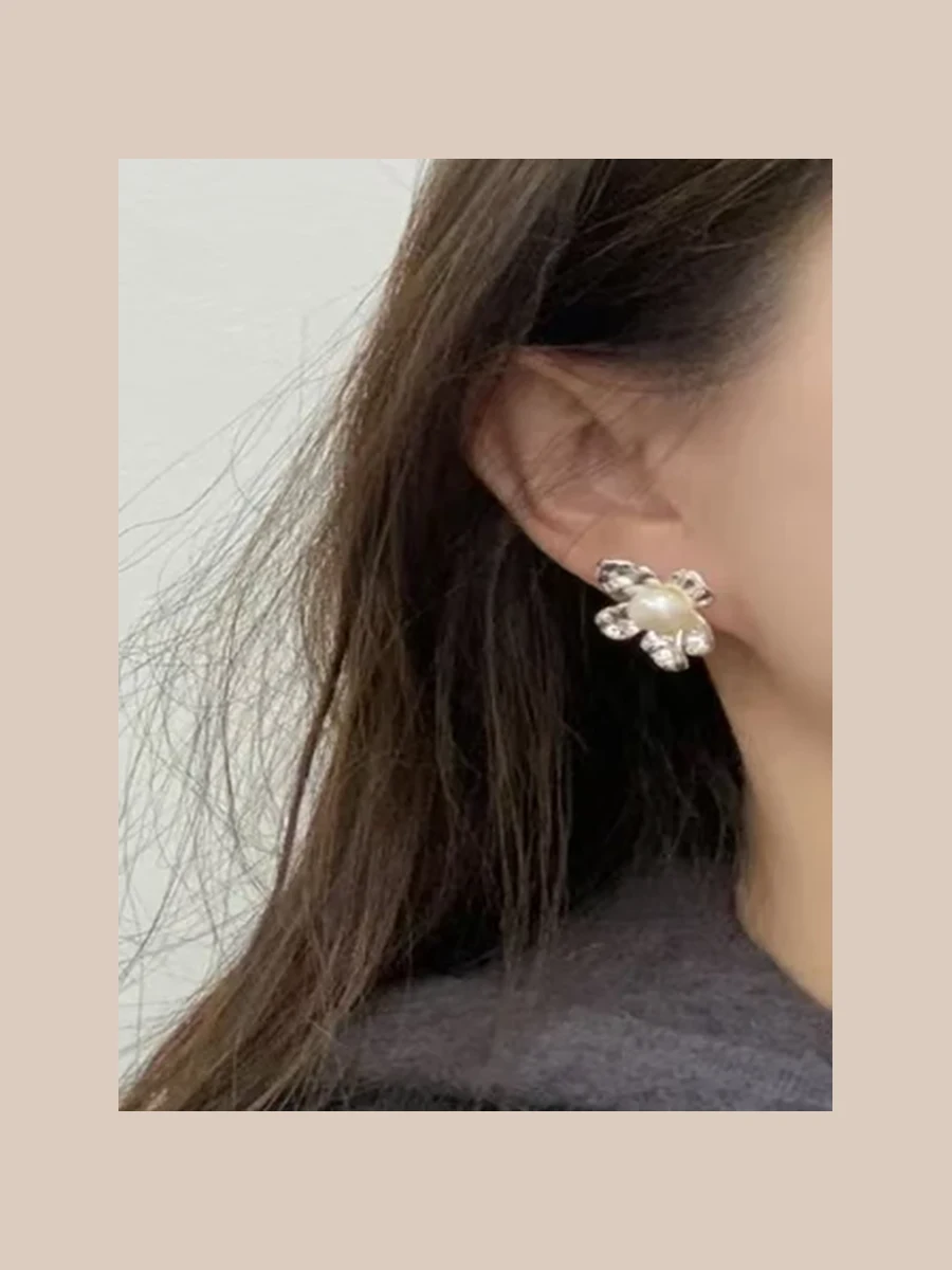 Silver Floral Crystal Stud Earrings