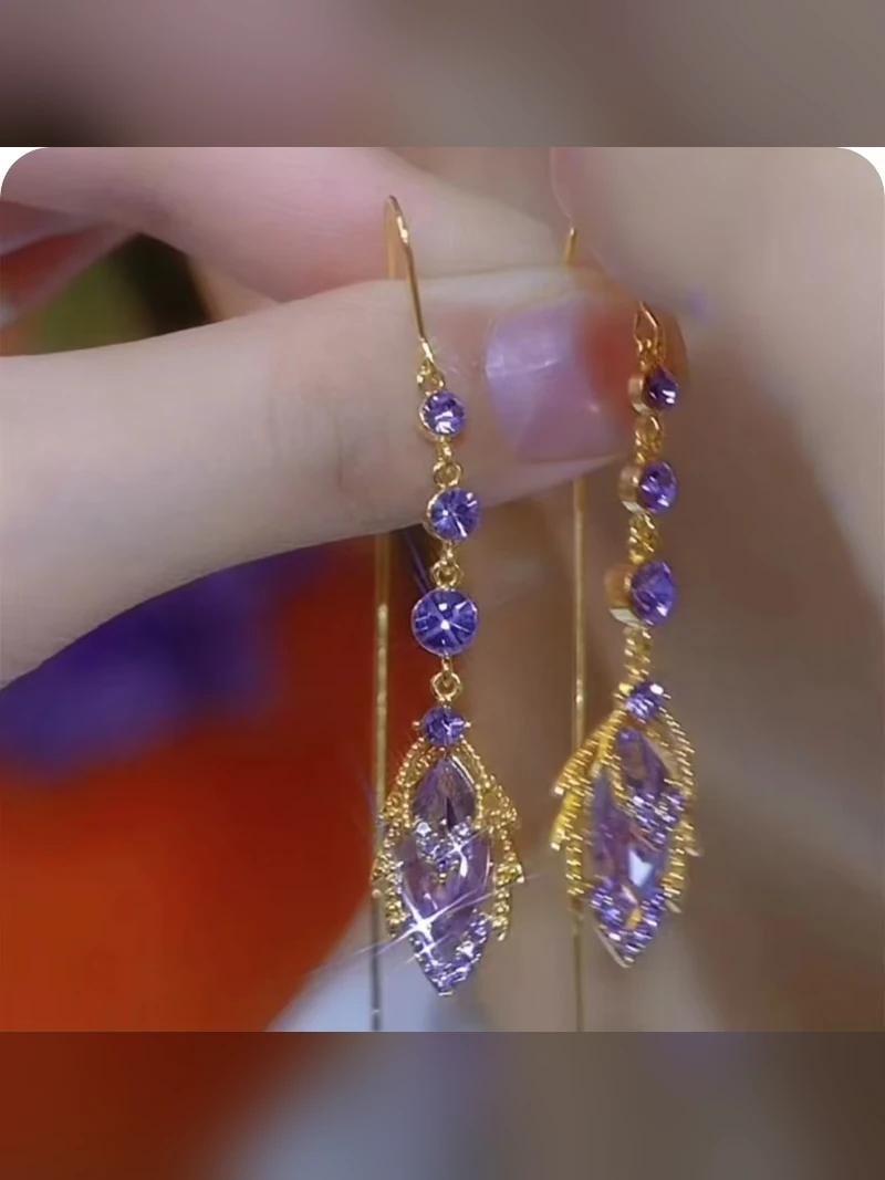 Purple Leaf Crystal Drop Earrings