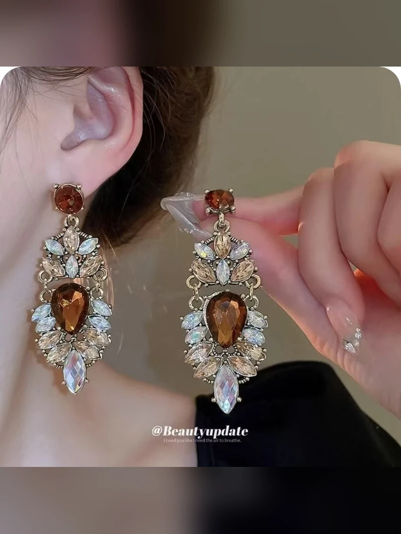 Bronze Heart Crystal Drop Earrings