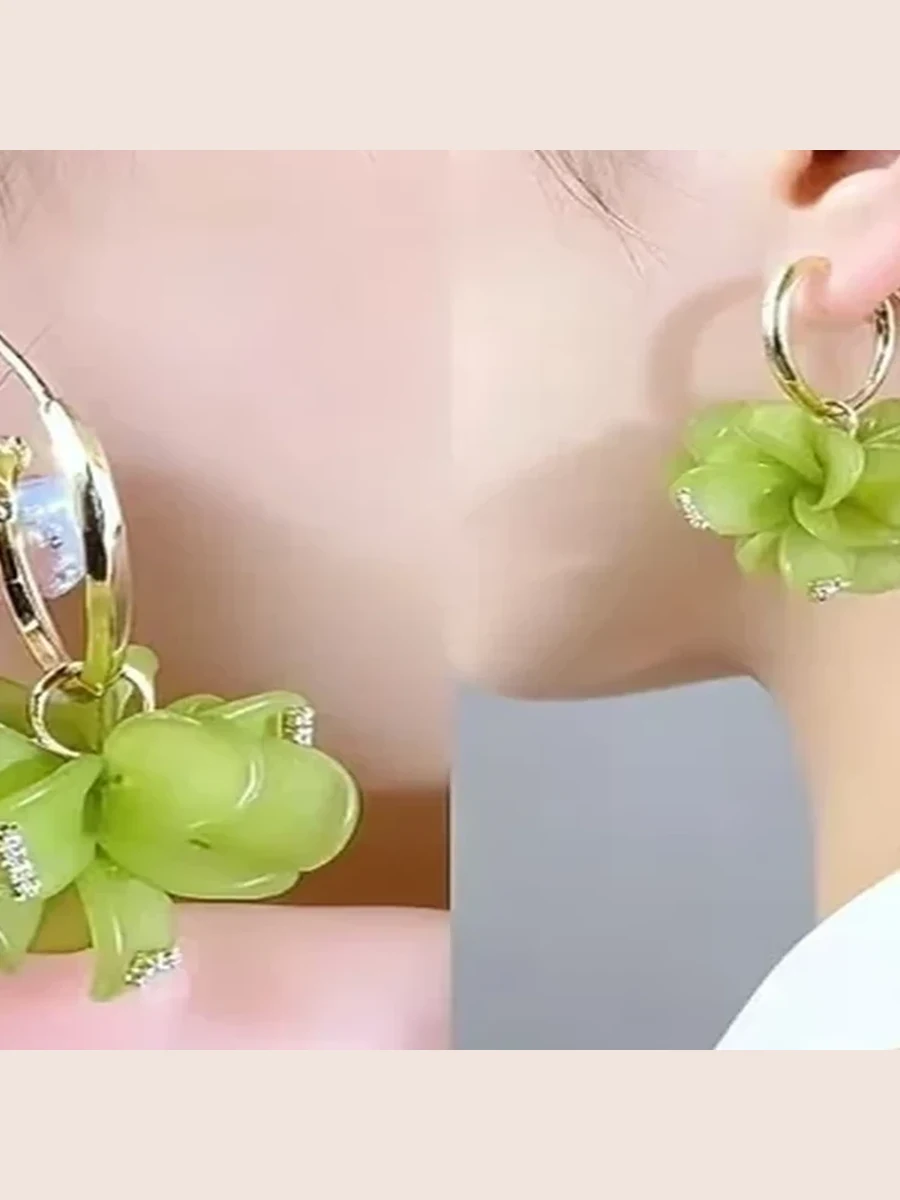 Green Flower Drop Earrings