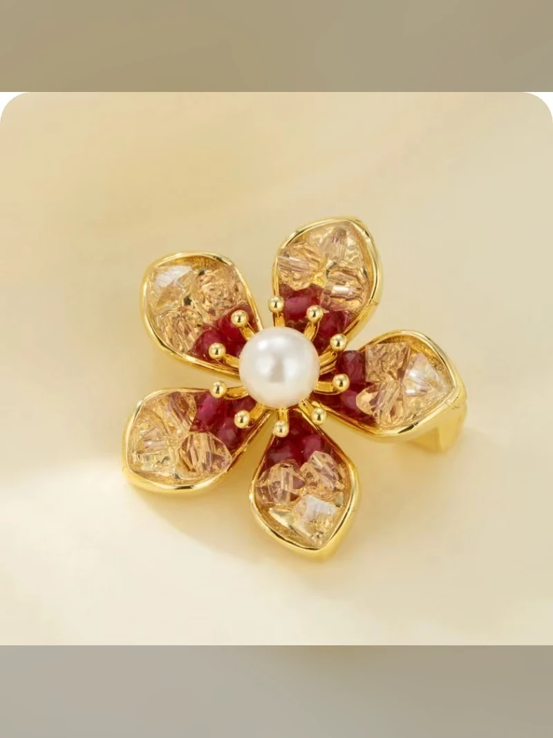Red Enamel Pearl Flower Ring